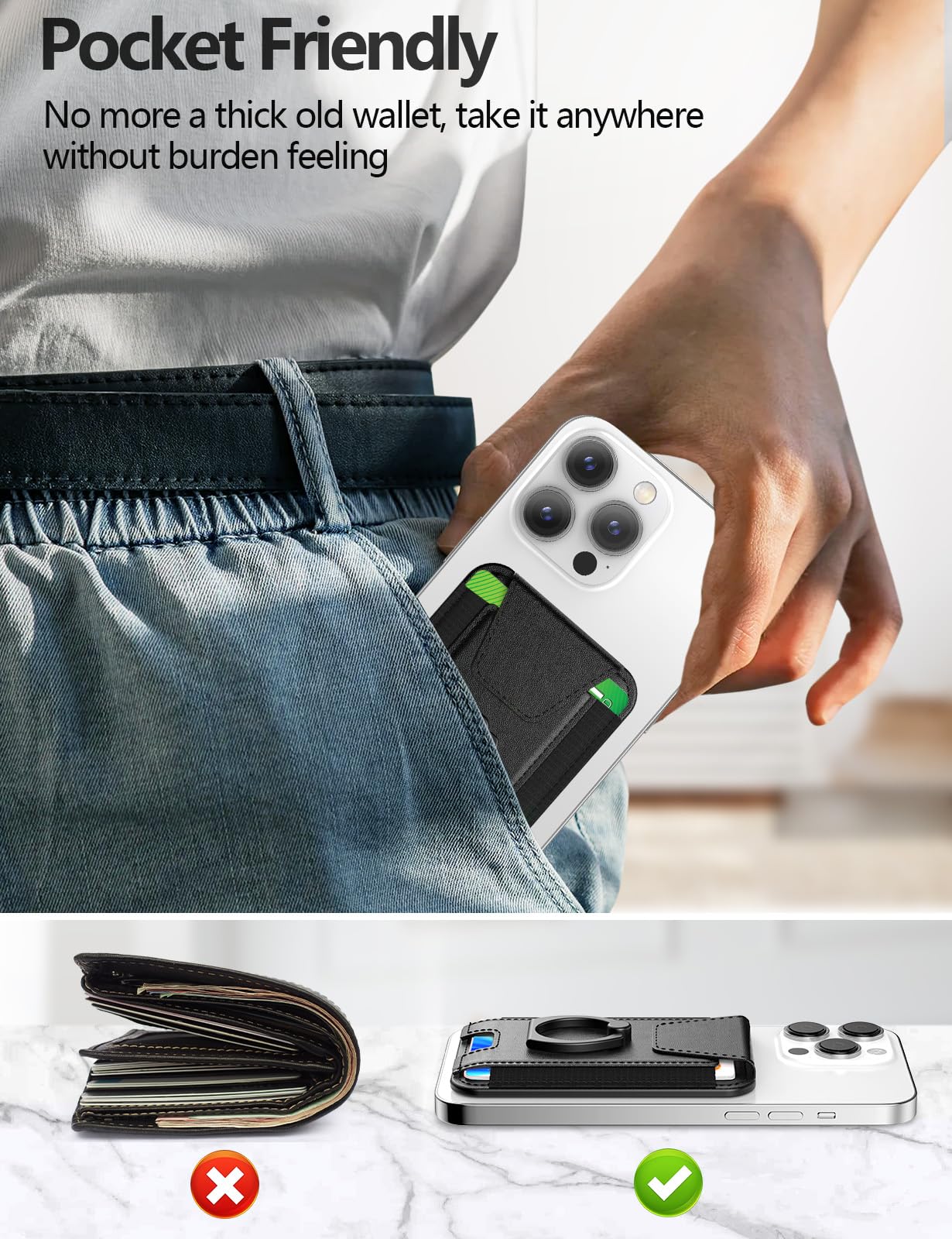 Premium Leather Magsafe Wallet for iPhone 16/15/14/13/12 - 6 Card Holder with Strong Magnetic Grip, RFID Blocking & Privacy Flap (Black) | Perfect for Everyday Carry, Travel & Contactless Payments