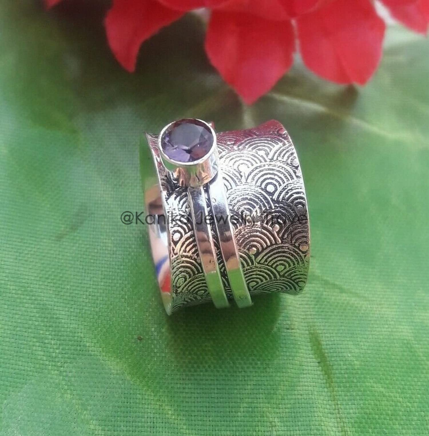 925 Sterling Silver Spinner Ring for Women - Unique Textured Anxiety Relief Ring with Amethyst, Meditation & Stress Relief Jewelry, Perfect Gift for Mother's Day, Size 11.5 | Elegant Everyday Wear & Mindful Relaxation Accessory