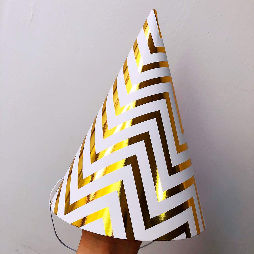 Boieo 12-Pack Gold Polka Dot Striped Birthday Party Hats for Adults & Kids - Fun Cone Hats for Birthday Celebrations, Baby Showers, and Festive Events