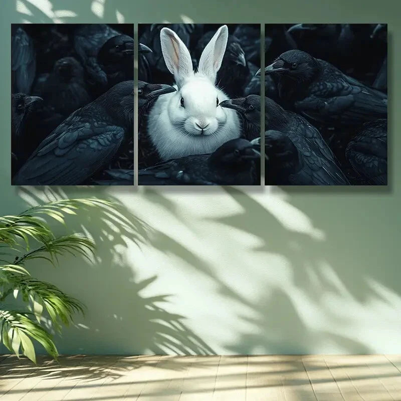 3-Piece White Rabbit and Crow Wall Art Set - Framed Canvas 40x60cm - High Quality Print - 100% Australian Made - Ready to Hang - Perfect for Living Room, Bedroom or Office Decor