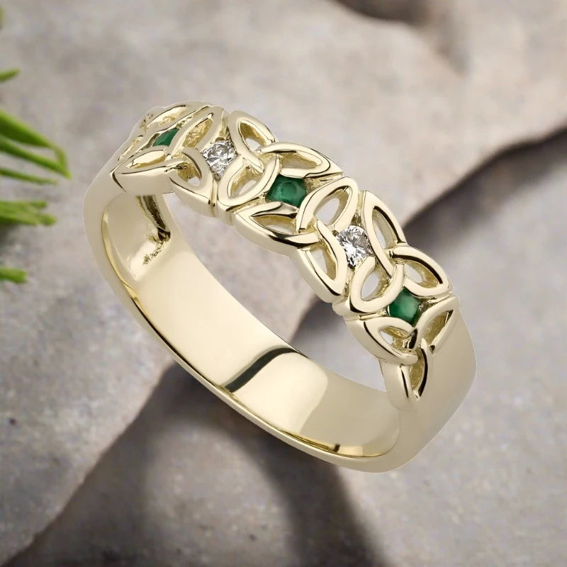 10K Gold Emerald Trinity Ring for Women - Elegant Stackable Wedding Band, Anniversary Gift for Her - Perfect for Engagements, Parties & Special Occasions