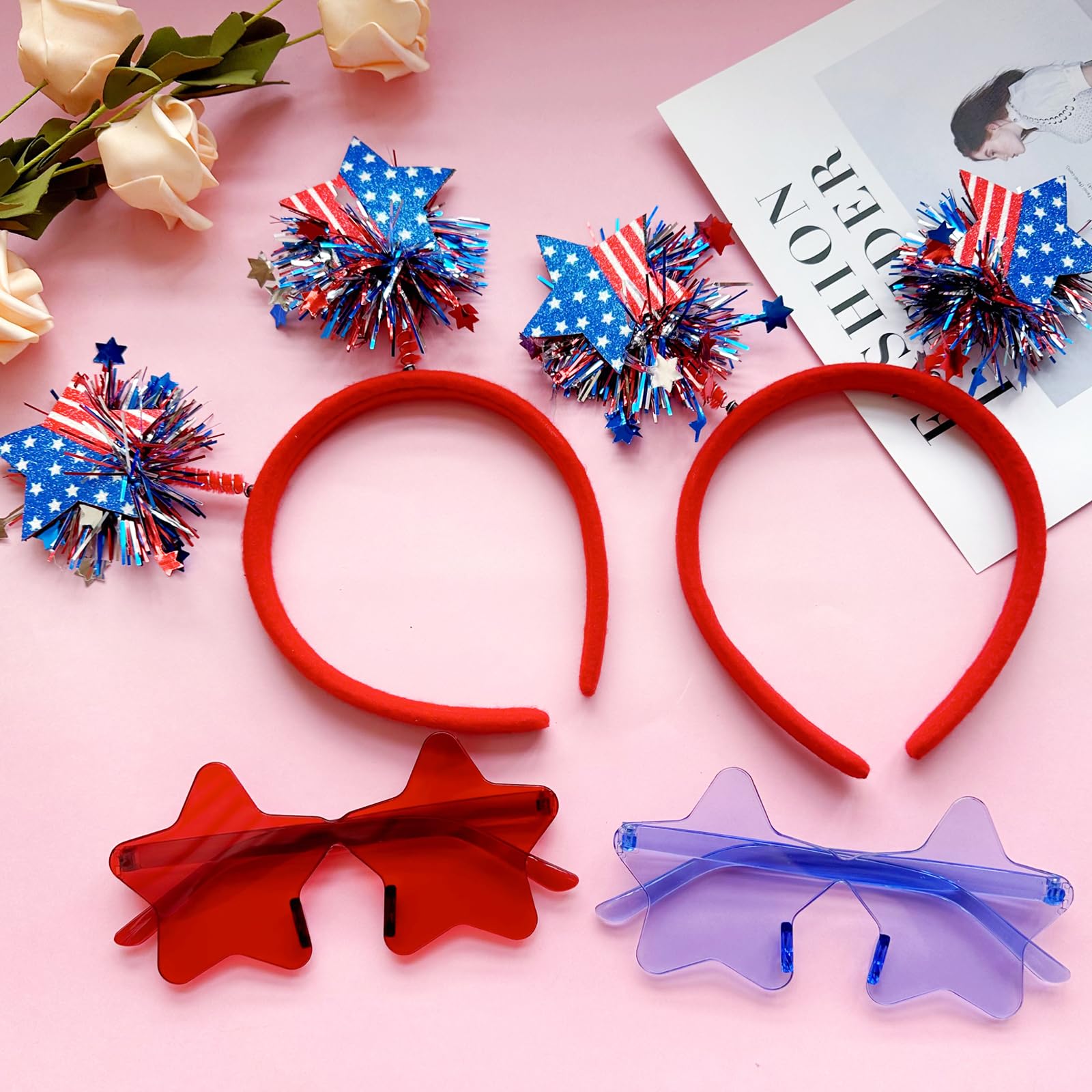 4 PCS Patriotic Party Accessories Set - American Flag Headband, Star Sunglasses, Red White Blue Decorations for Independence Day, Memorial Day & 4th of July Celebrations - Perfect for BBQ Parties, Parades and Patriotic Events