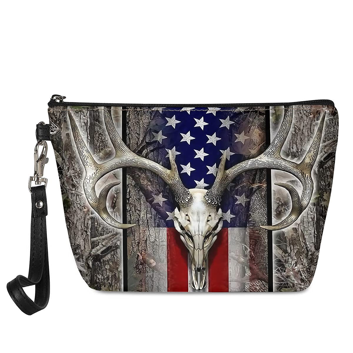 DISNIMO Small Makeup Toiletry Bag - American Flag Wood Deer Skull PU Leather Travel Cosmetic Bag with Zipper | Portable Wash Kit for Women | Perfect for Travel, Camping, Gym & Holiday Gifts