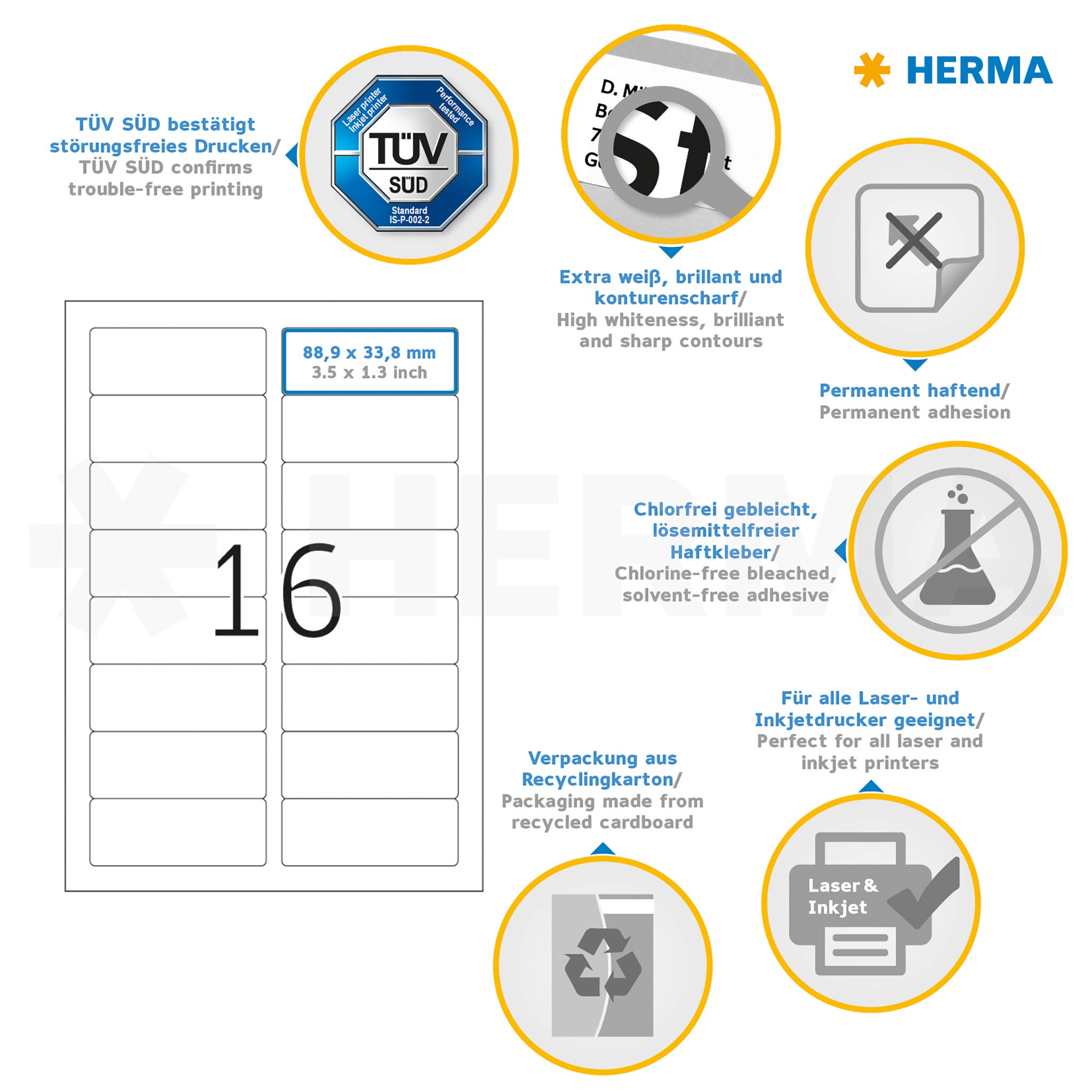 Herma 4479 Self Adhesive Address Labels - 1600 Blank White Mailing Labels (88.9x33.8mm), 16 Labels per A4 Sheet, 100 Sheets - Compatible with Laser & Inkjet Printers - Perfect for Shipping, Packaging & Office Organization