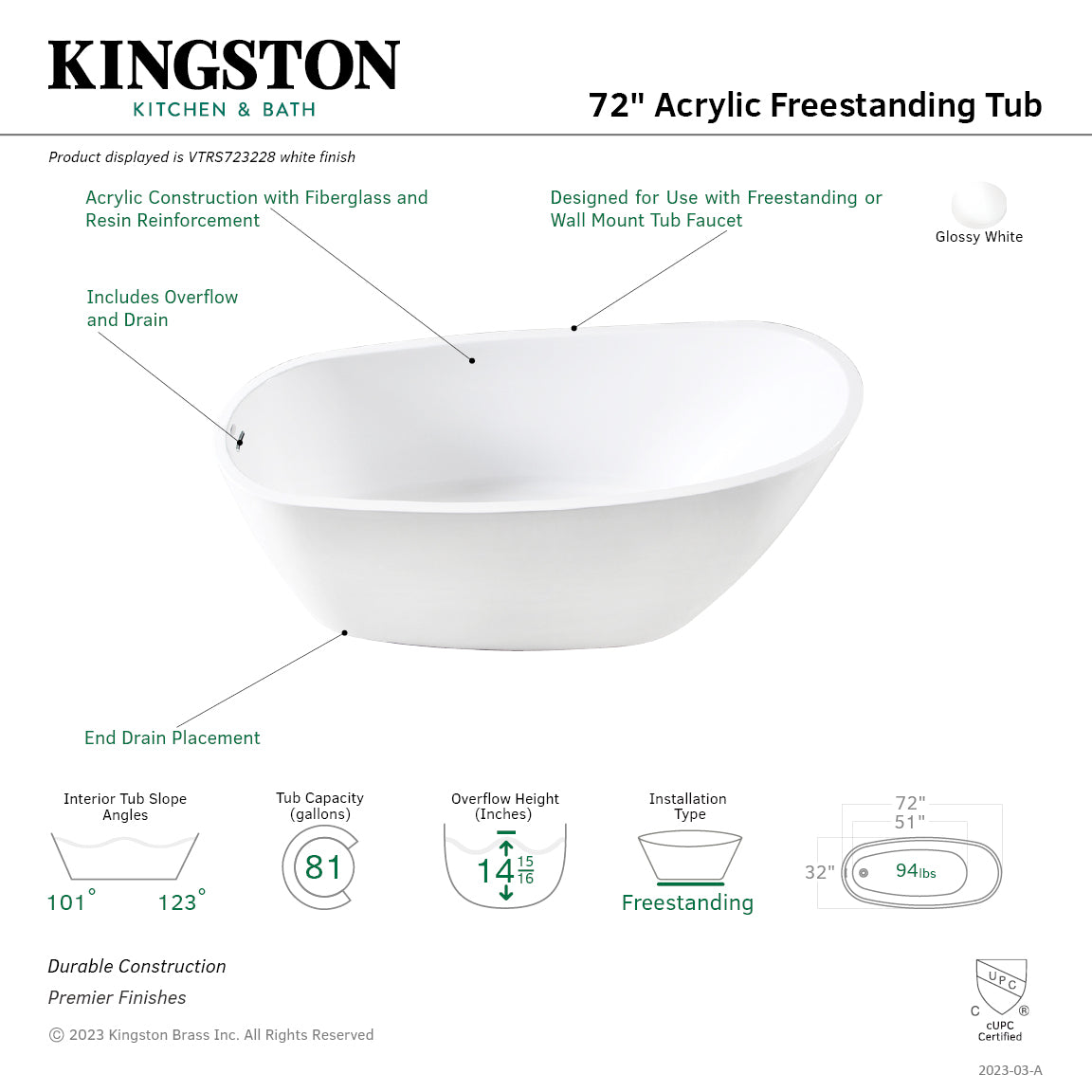 Aqua Eden 72 Inch Acrylic Oval Freestanding Bathtub - Glossy White Slipper Tub with Drain | Modern Soaking Tub for Luxury Bathroom, Spa Relaxation & Home Retreat