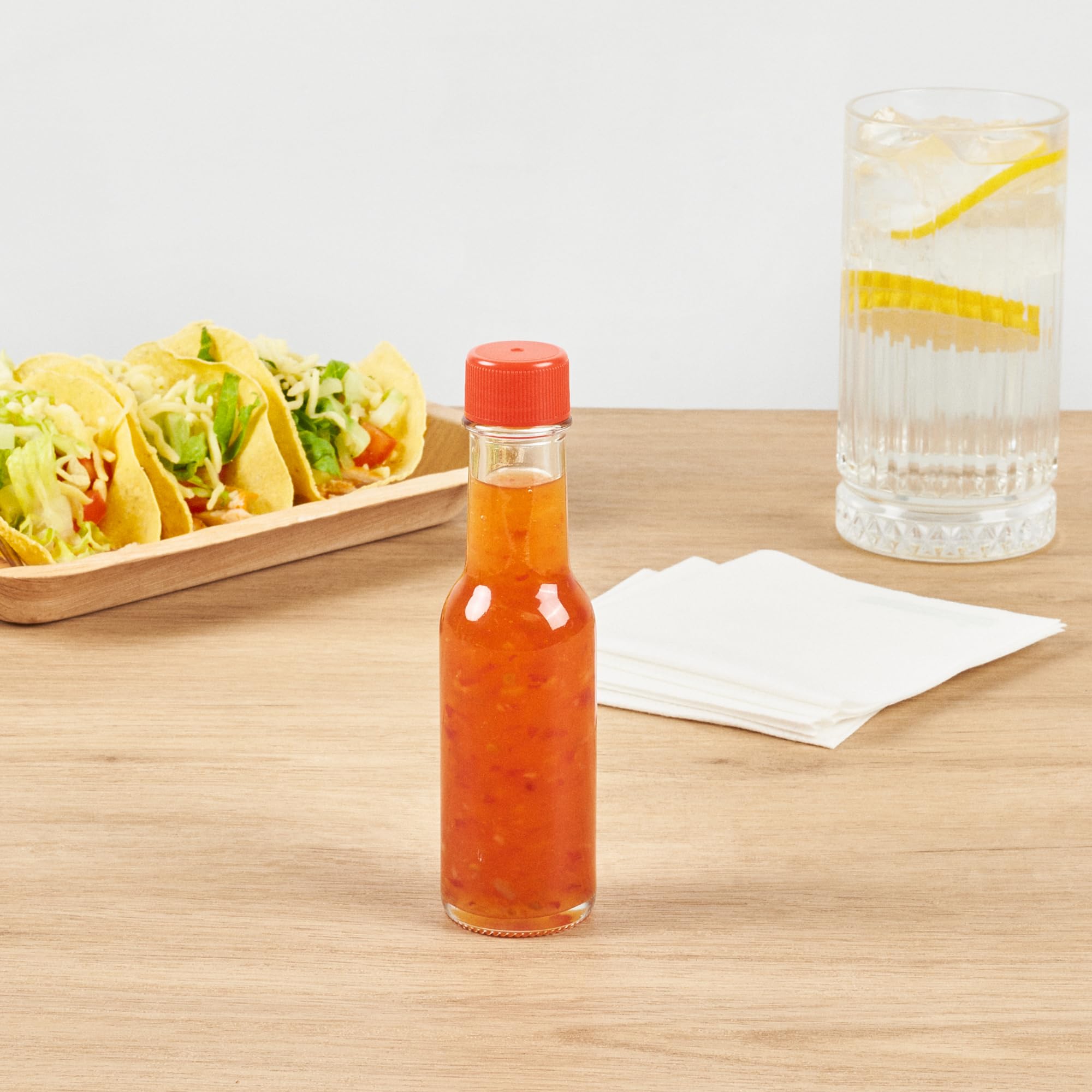 **Vetri 3 oz Clear Glass Woozy Bottles (10-Pack) with Red Caps – Dishwasher Safe & Durable for Hot Sauce, Salad Dressing, BBQ Sauce, Oil, Tinctures – Perfect for Restaurants, Catering & Home Kitchens**