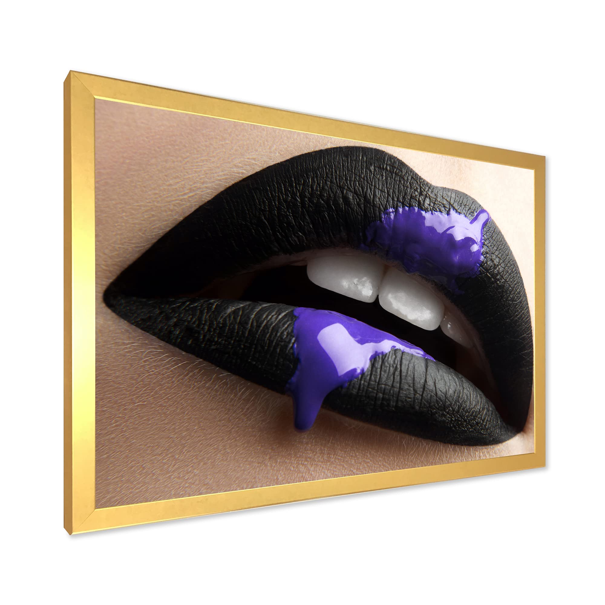 Modern Framed Wall Art - Black Lipstick & Purple Paint Female Lips Portrait for Living Room, Bedroom, or Office Decor