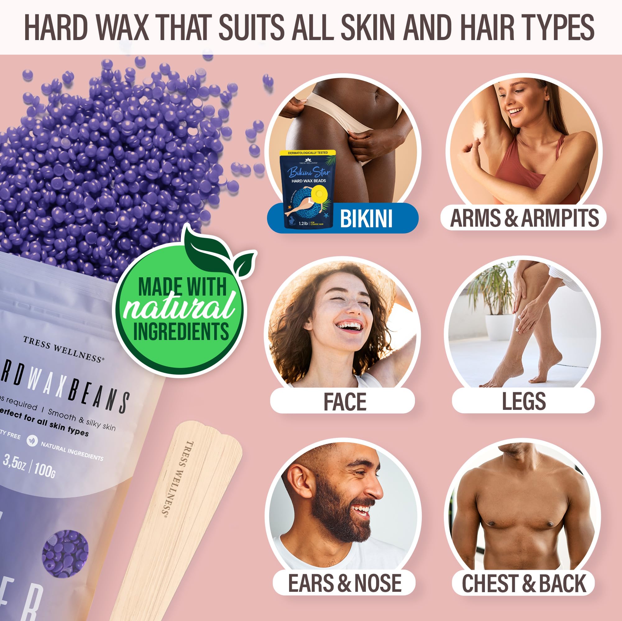 Tress Wellness Waxing Kit with Silicone Bowl - Professional Bikini Wax for Smooth Skin at Home | DIY Hair Removal for Women, Legs & Face