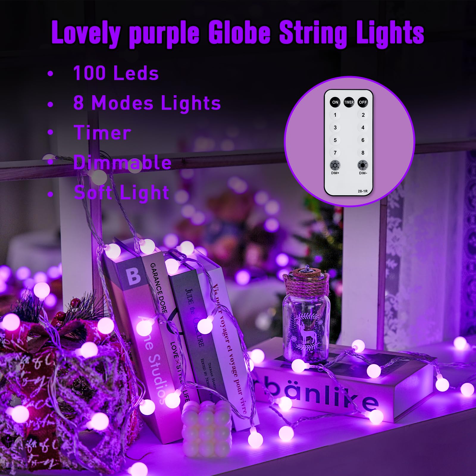 JMEXSUSS 100 LED Purple Globe String Lights - 33ft Connectable Indoor/Outdoor Fairy Lights with Remote & 8 Modes - Perfect for Bedroom, Party, Christmas Tree, Wedding, Garden, and Holiday Decorations