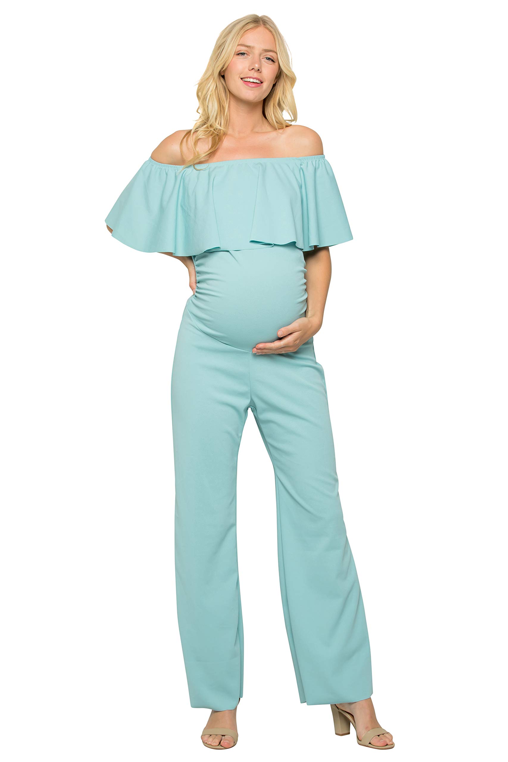 My Bump Maternity Ruffle Off Shoulder Jumpsuit - Made in USA | Flattering Pregnancy Outfit for Baby Showers & Maternity Photos
