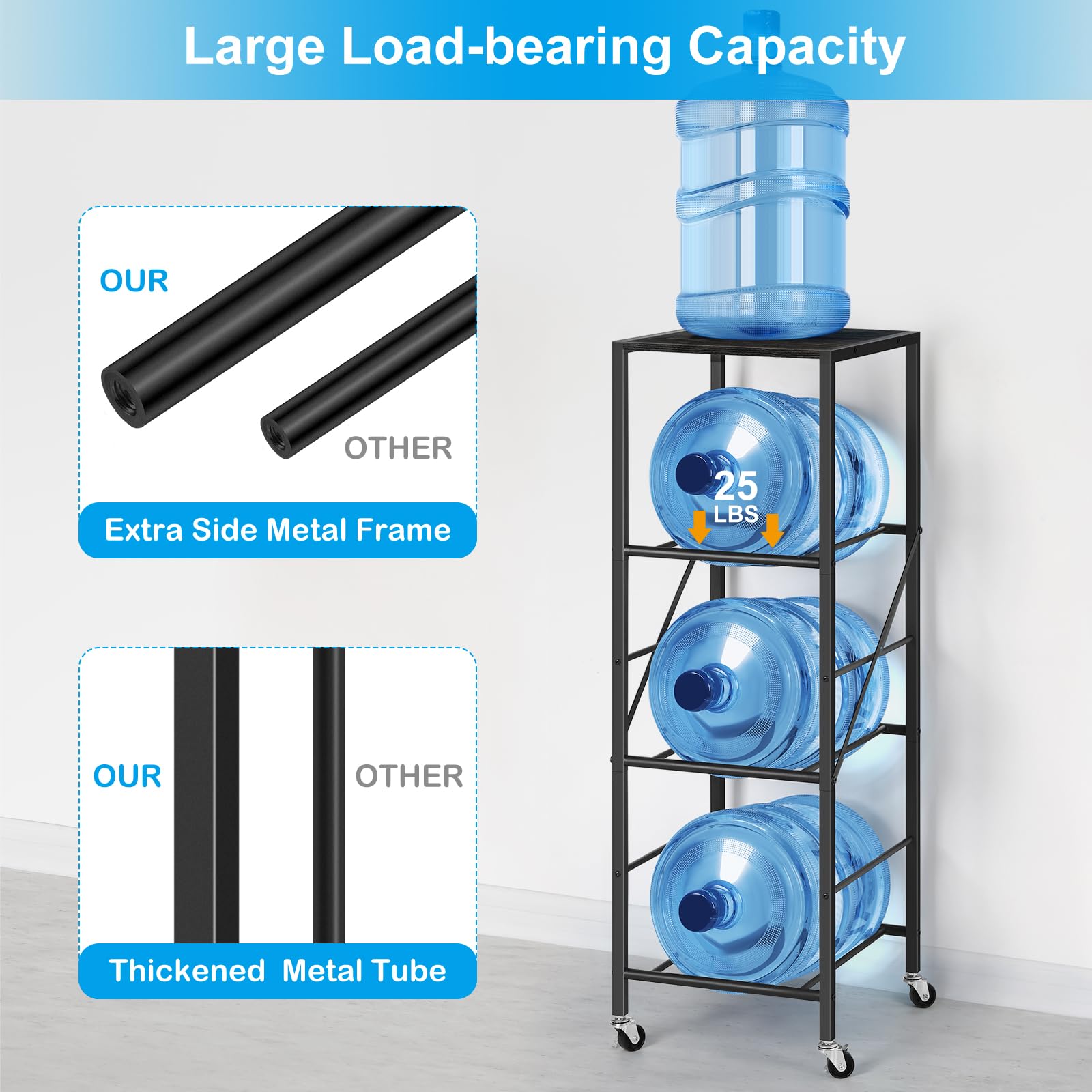 **Smusei 5 Gallon Water Bottle Holder - Heavy Duty 3-Tier Water Jug Stand with Wheels & Top Shelf - Organizer Storage Rack for Kitchen, Office, Living Room - Perfect for Home, Workplace & Outdoor Use**
