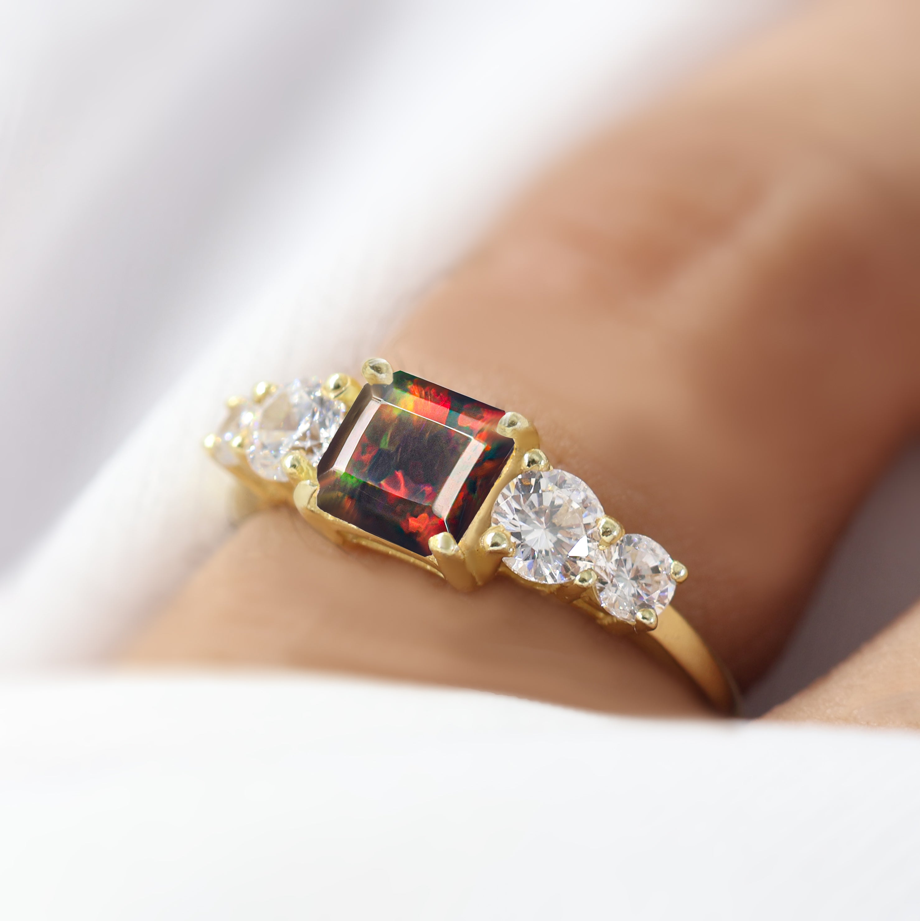 Black Natural Fire Faceted Octagon Opal Ring for Women - Elegant Handmade Jewelry Gift for Birthday, Anniversary & Special Occasions