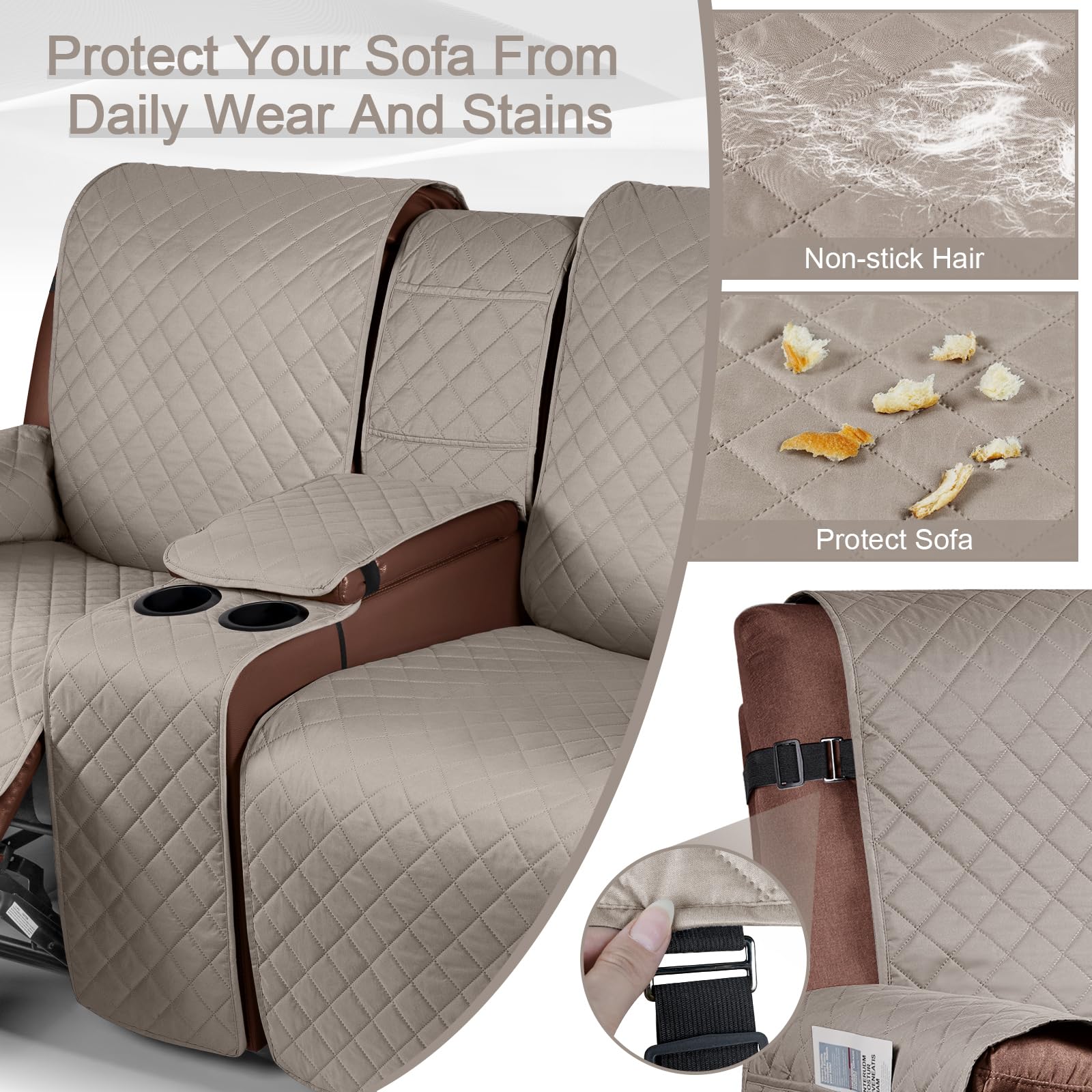 KinCam 100% Waterproof Recliner Loveseat Cover - Non-Slip Reclining Couch Covers for 2 Seater Sofas, Stretchable Furniture Protector with Elastic Straps for Kids & Pets (Khaki) - Perfect for Living Room, Family Room & Pet-Friendly Homes
