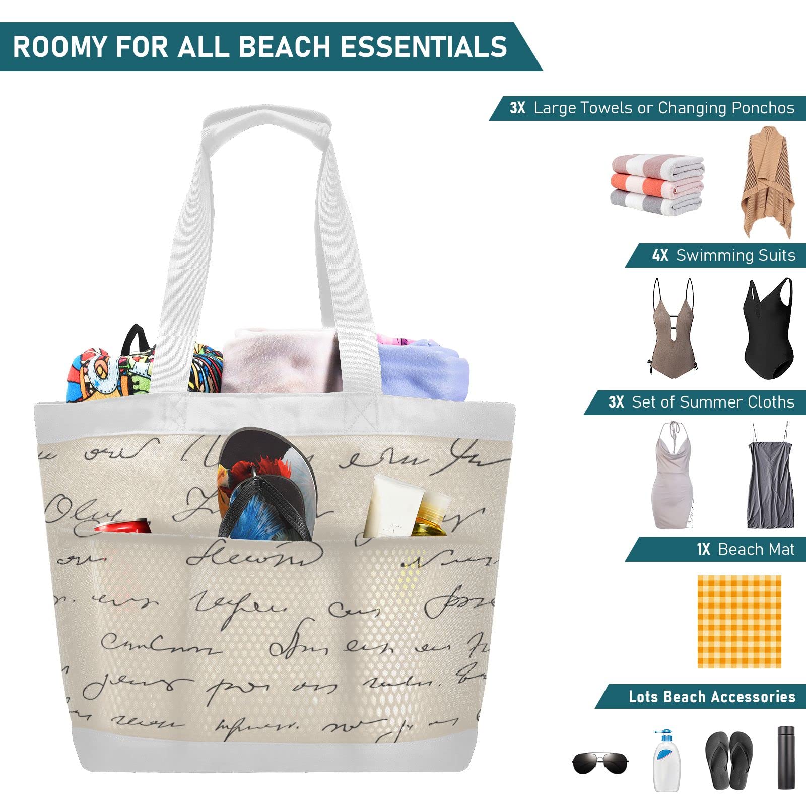 J JOYSAY Abstract Handwritten Text Mesh Beach Tote Bag - Large Waterproof & Sandproof Shoulder Bag for Women, Yoga, Dance, Pool & Seaside | Perfect for Beach Trips, Gym, Travel & Summer Outings