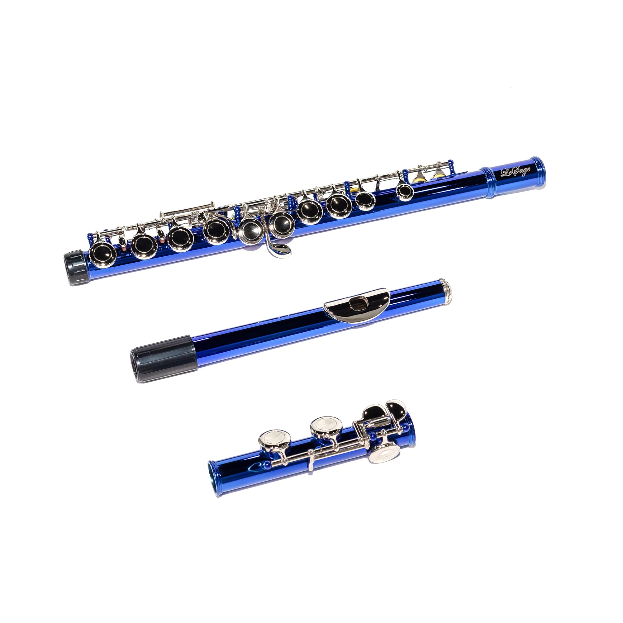 LeSage 16-Key Closed Hole C Flute for Beginners - Blue Student Flute with Case, Cleaning Cloth & Maintenance Kit (C Foot, Offset G, Y-Arm) - Perfect for School Bands, Music Lessons & Practice