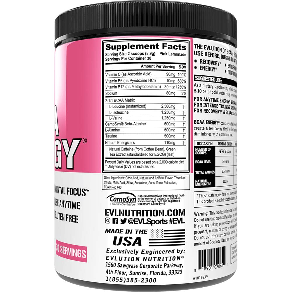 EVLution Nutrition BCAA Energy Powder - Pink Lemonade Flavor, 267g for Muscle Recovery & Workout Performance | Pre & Post Workout Supplement for Athletes & Fitness Enthusiasts