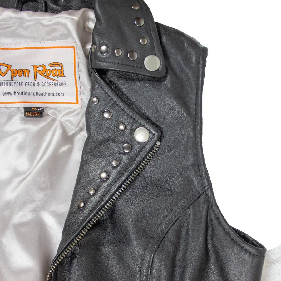 Stylish Open Road Women's Studded Leather Vest - Fashionable Biker Jacket for Motorcycle Riding & Casual Outfits