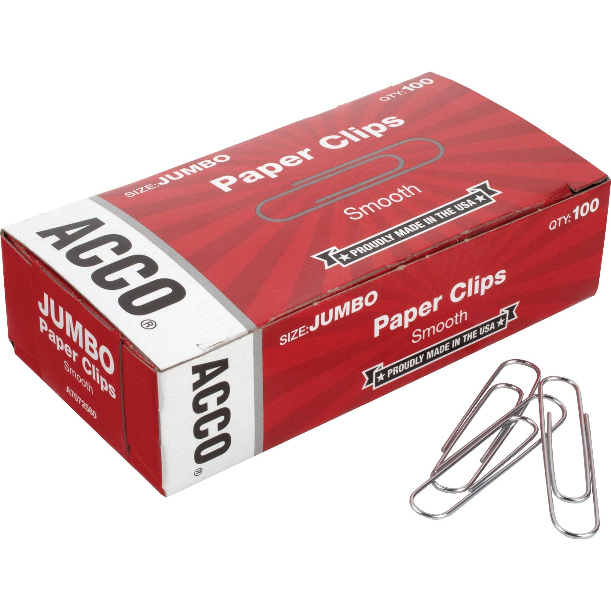 ACCO Jumbo Smooth Paper Clips - 100 Clips per Box (72580) - Perfect for Office, School & Home Organization