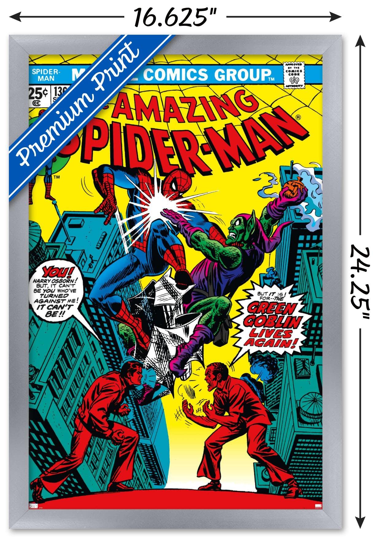 Marvel Comics Green Goblin Wall Poster - The Amazing Spider-Man #136 Art Print, 22.4x14.7 Inches Silver Framed Version - Perfect for Superhero Bedroom Decor, Comic Book Lair & Movie Theater Room