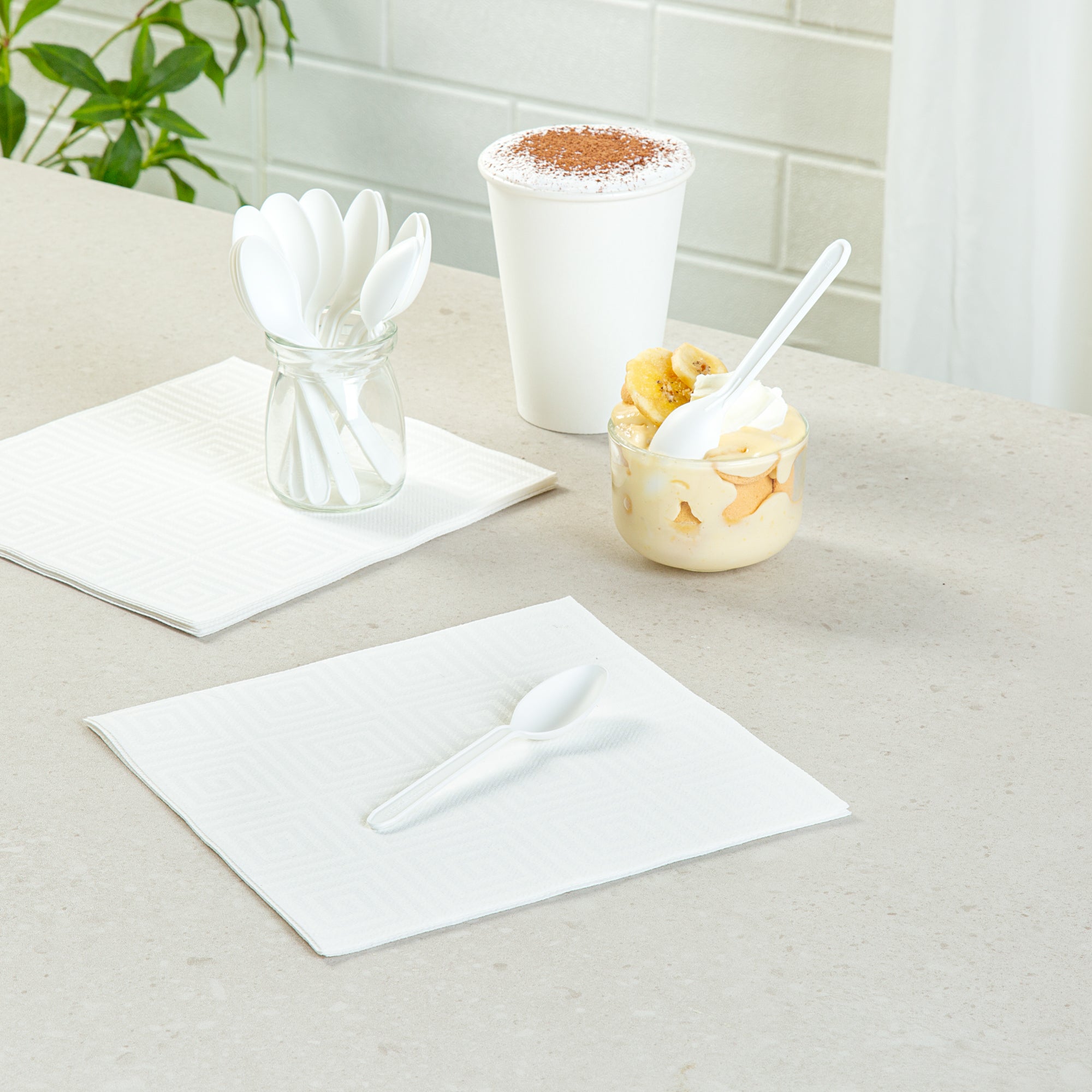 Eco-Friendly White CPLA Plastic Dessert Spoons - Heat Resistant, Compostable, 100-Pack (5
