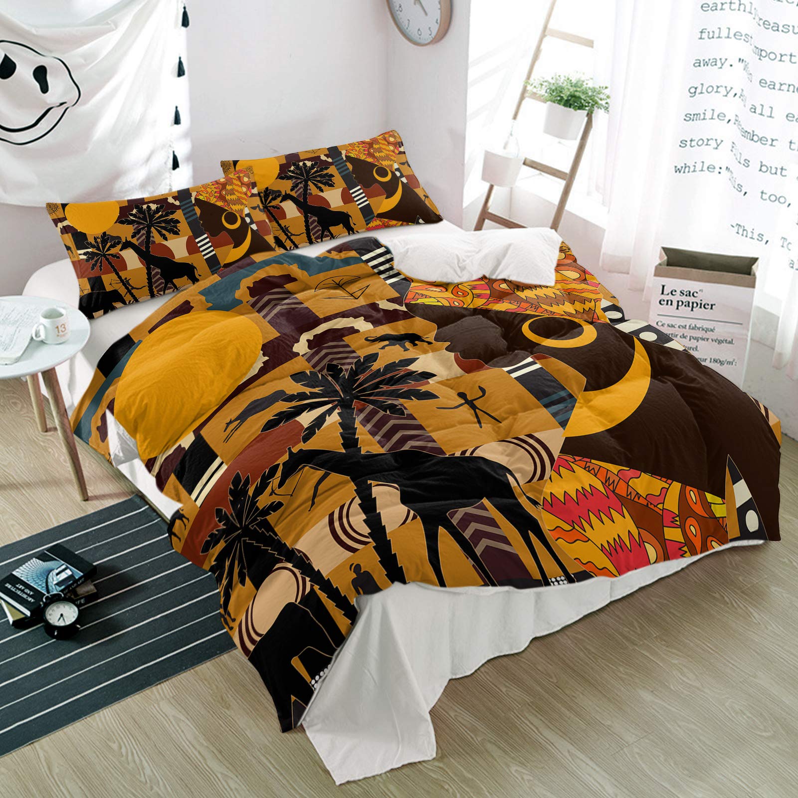 Possta Decor 3-Piece African Black Woman Boho Duvet Cover Set - Soft Microfiber Quilt Cover & Pillowcases with Tropical Jungle Giraffe Print - Ethnic Style Bedding for Twin Size - Perfect for Boho Chic Bedroom Decor & All-Season Comfort