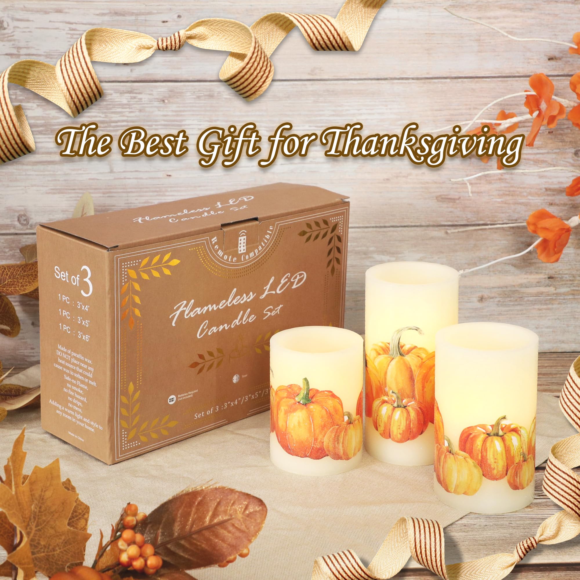 Impress Life Fall Harvest Pumpkin Flameless LED Candles - 3 Pack Realistic Flickering Candles with Remote & Timer for Halloween, Thanksgiving, Home Decor | Perfect for Bedroom, Dining Table, and Party Centerpieces
