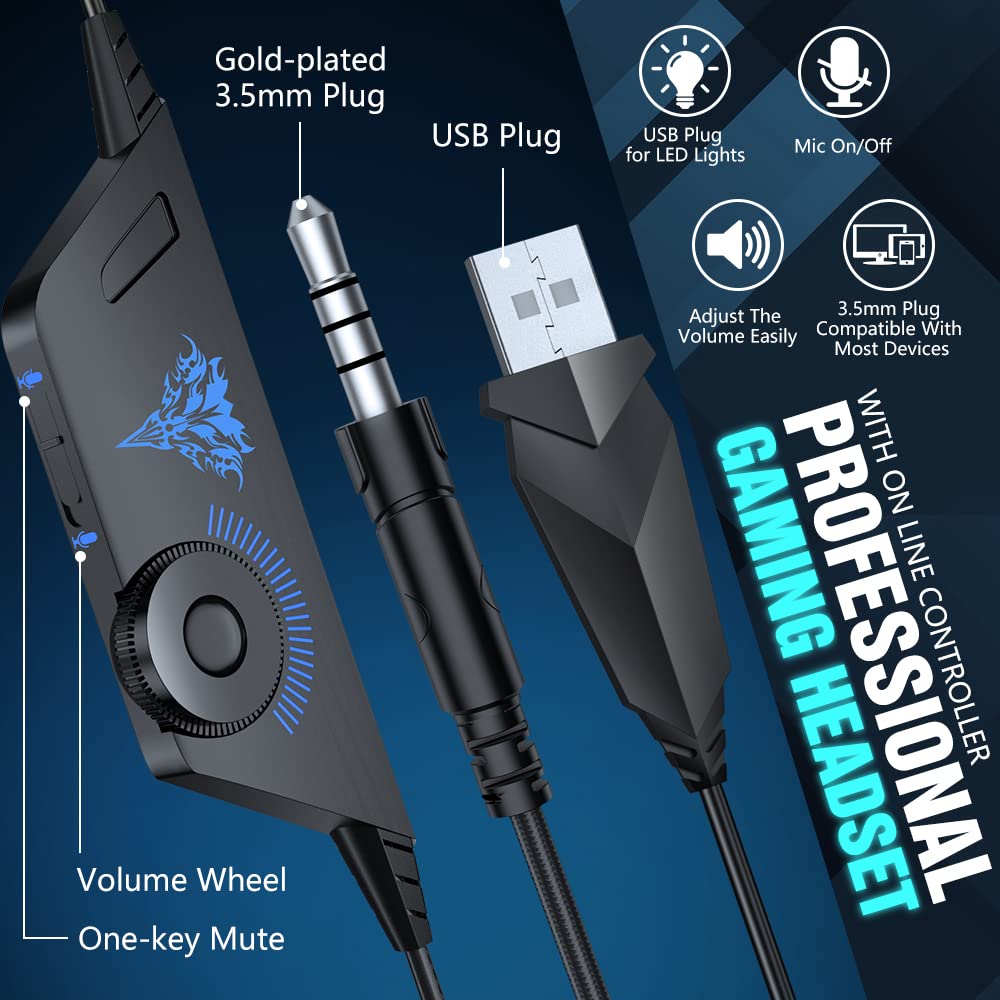 BENGOO V-4 Gaming Headset with Noise Cancelling Mic - 7.1 Surround Sound Over-Ear Headphones for Xbox Series X/S, PS5, PC, Mac, Nintendo Switch - LED Light & Memory Foam Earmuffs - Perfect for Gaming, Streaming & Online Classes (3.5mm Jack)