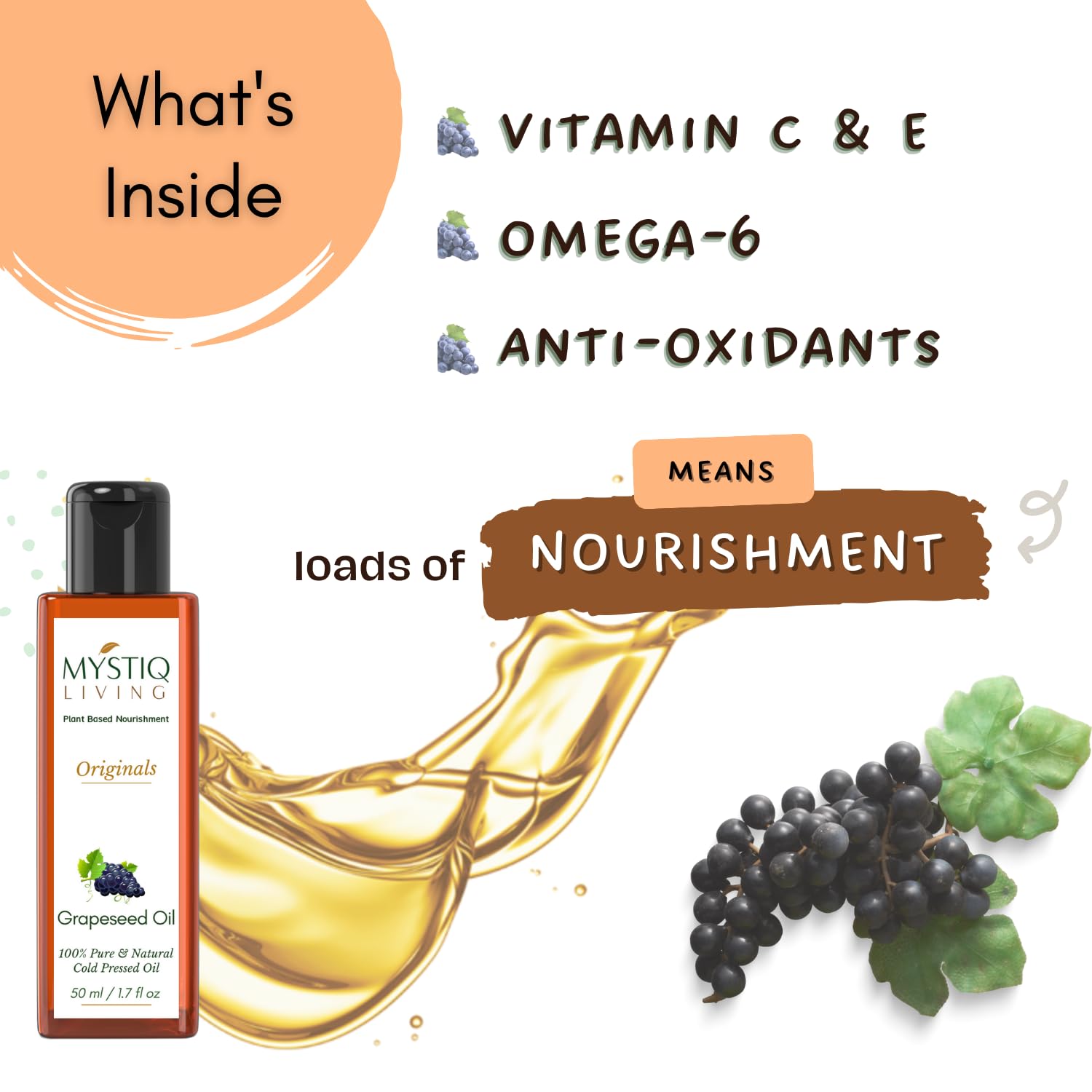 Cold Pressed 100% Pure Grapeseed Oil for Hair & Skin Care - Anti-Aging, Glow Booster, Acne Treatment | 50ml Natural Moisturizer for Face, Body & Hair | Perfect for Daily Skincare Routine & Massage Therapy