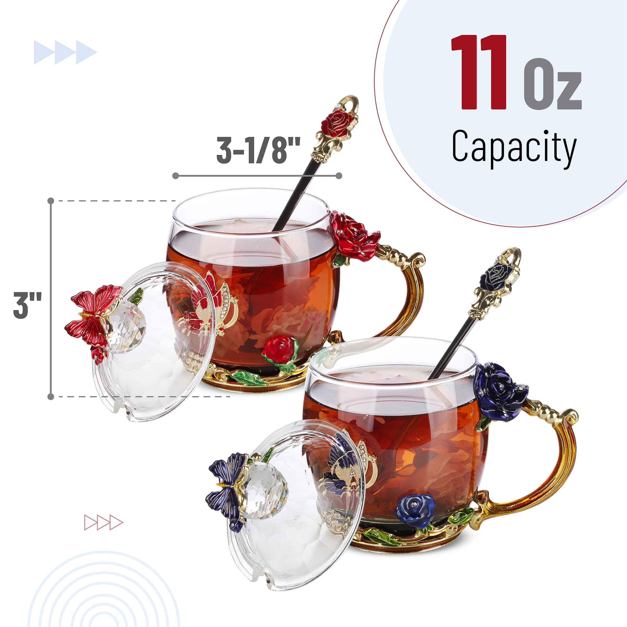 BTaT Floral Glass Tea Cups with Lids - Set of 2 Elegant Flower Tea Cups for Women, Pretty Glass Mugs for Valentine's Gift, Perfect for Afternoon Tea, Bridal Shower & Home Decor