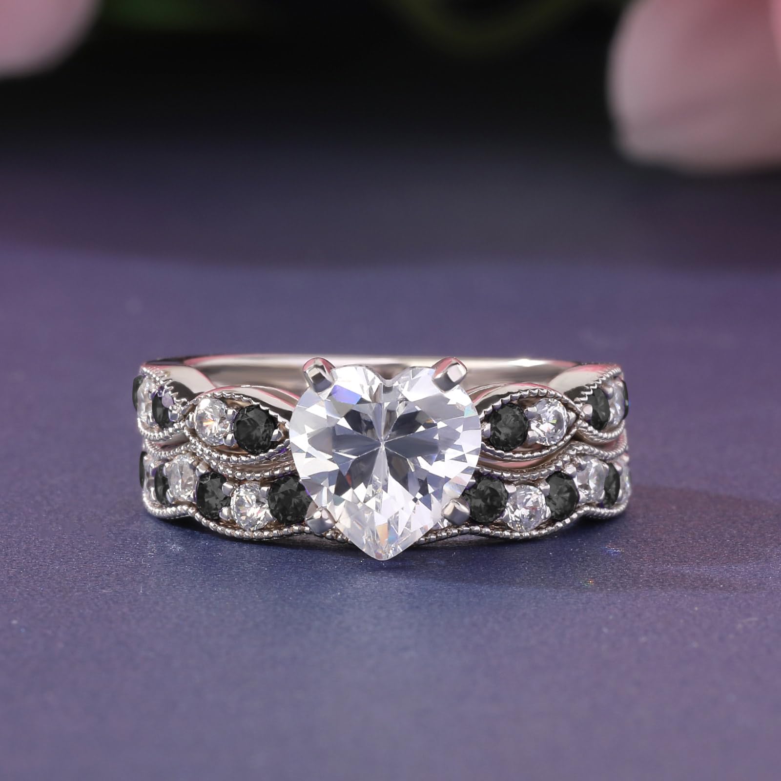 Jeulia 3 Carat CZ Solitaire Engagement Ring Set - Halo Milgrain Heart Cut Sterling Silver Wedding Band for Women | Perfect for Proposals, Anniversaries & Bridal Jewelry Collections