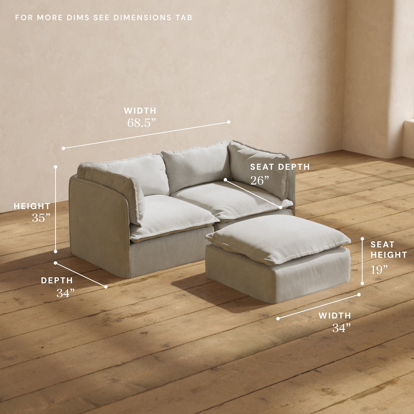 Modular Performance 2 Seater Sofa with Ottoman in Cloud Color | Modern Living Room Furniture for Relaxing & Entertaining