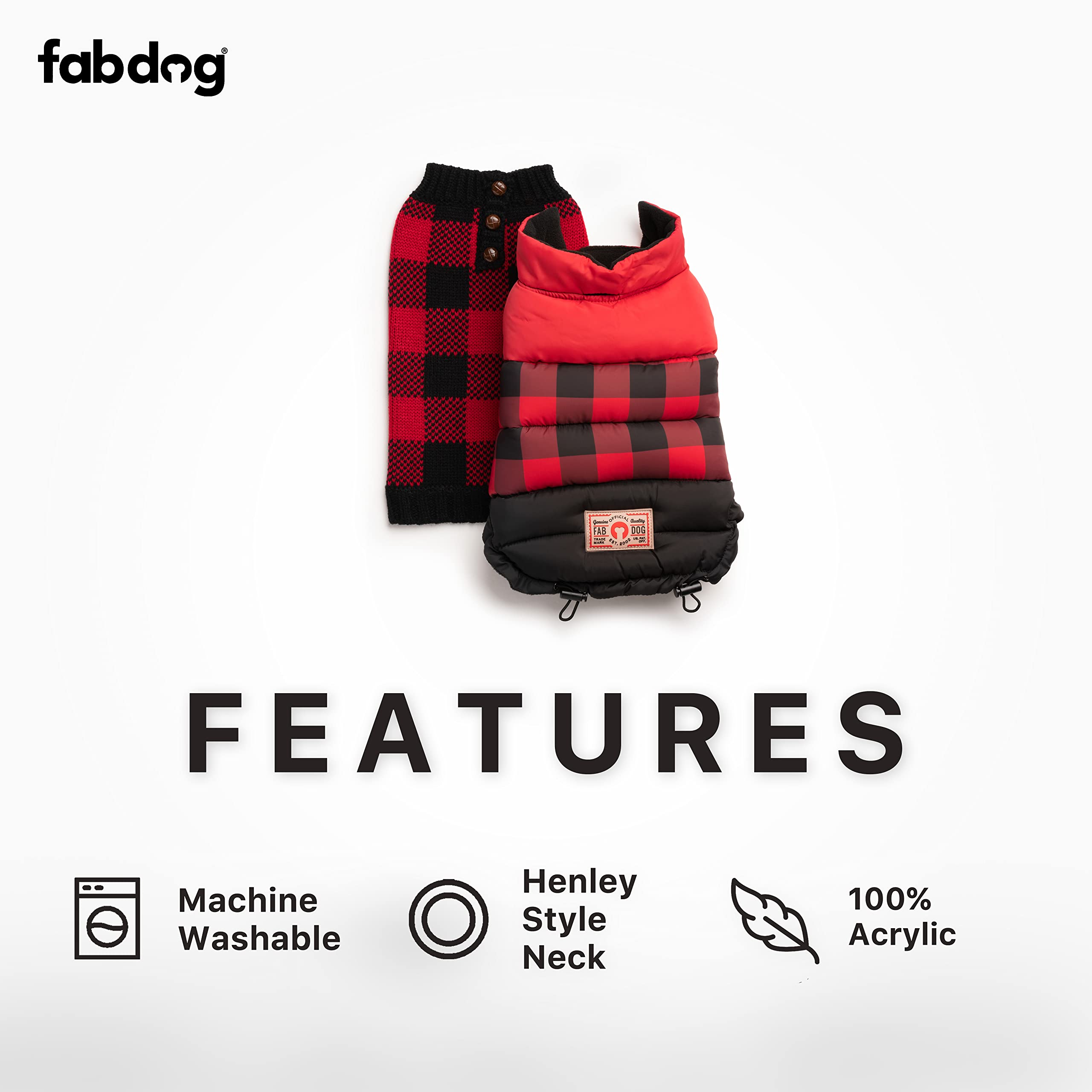 Fabdog Buffalo Check Henley Dog Sweater Vest - Warm Dog Clothes & Apparel for Small to Large Dogs (Fits 22