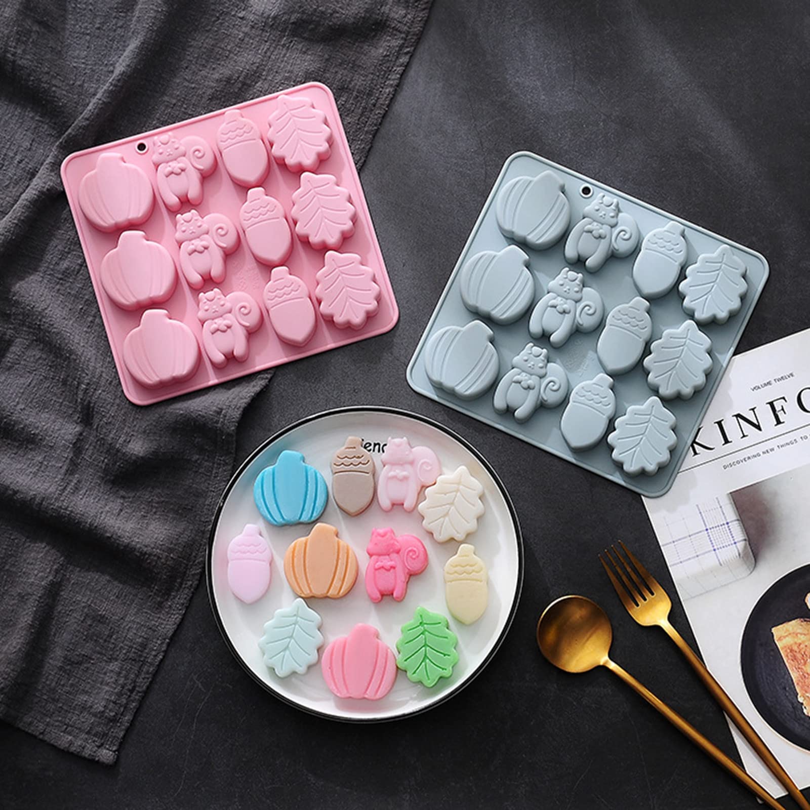12-Piece Autumn Theme Silicone Mold Set - Acorns, Leaves, Pumpkins for Baking Chocolate, Cake, Candy - Food-Grade Silica Gel Molds with Vacuum Sealer Mylar Bag (Pink) | Perfect for Fall Desserts, Holiday Treats & DIY Candy Making