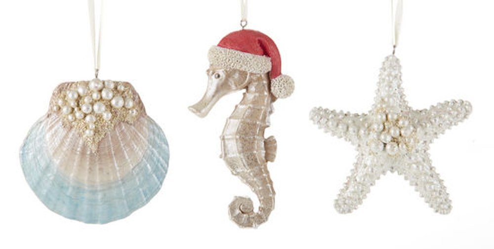 Delton Beach Coastal Christmas Tree Ornaments Set - 3 Piece Starfish, Clam Shell & Seahorse Holiday Decor for Beach Theme Christmas Tree