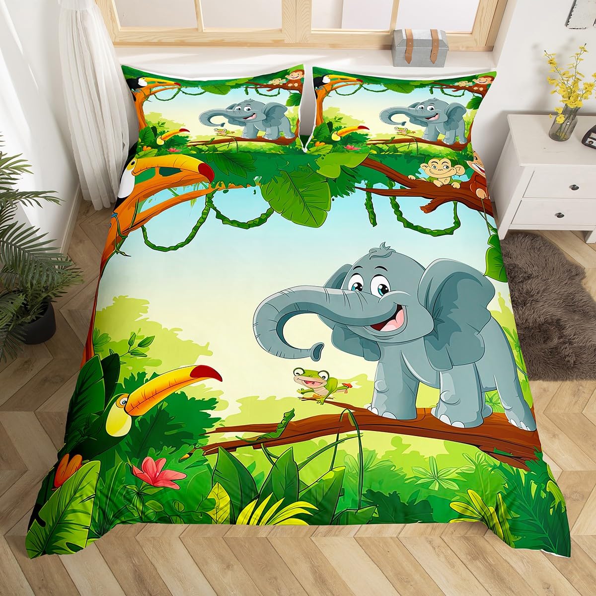 Cute 3D Animal World Theme Monkey Comforter Cover Set - Twin Size Cartoon Animal Paradise Bedding for Kids Boys Girls with Zipper Ties | Elephant Caterpillar Birds Nature Pattern Duvet Cover | Perfect for Nursery, Kids Room & Sleepover Decor