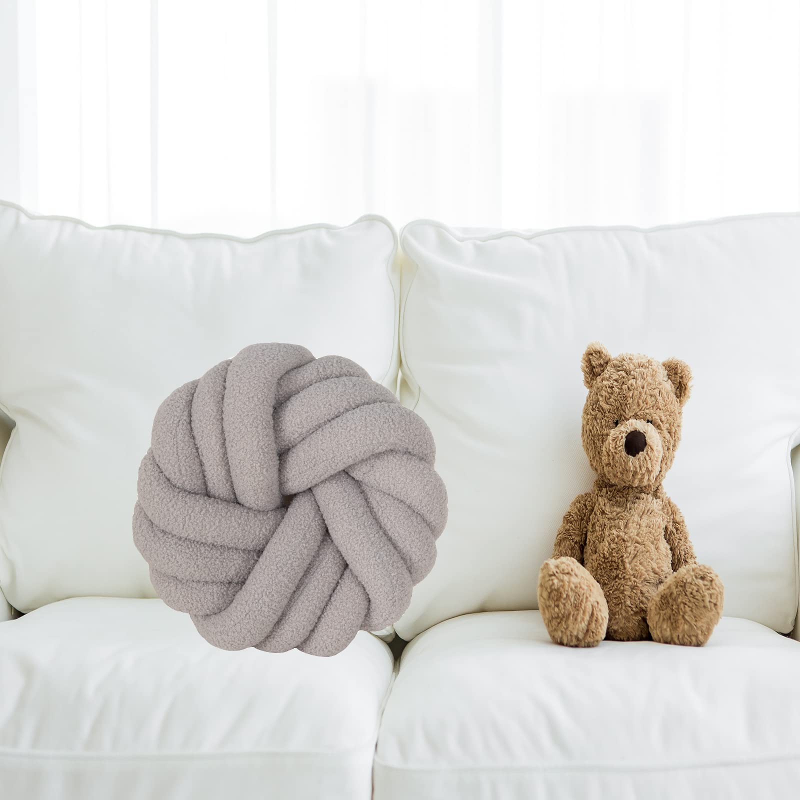 Soft Round Knot Ball Pillow 16x16 - Light Grey Lamb Wool Cushion for Girls & Women | Decorative Throw Pillow for Bedroom, Living Room & Nursery Decor