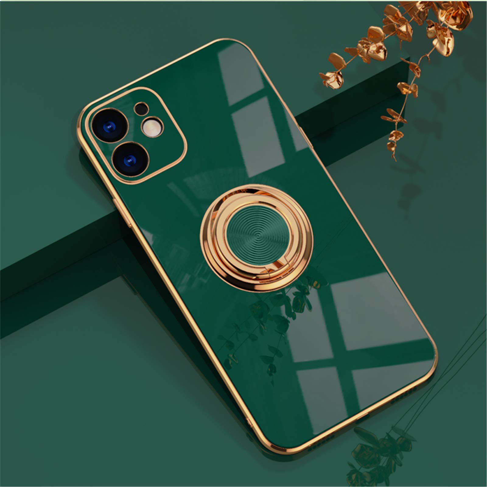 360° Rotating Magnetic Ring Holder Case for iPhone 11 (6.1 inch) - Electroplated Metal Car Mount with Shockproof Silicone Cover - Dark Green - Perfect for Driving, Office & Daily Use