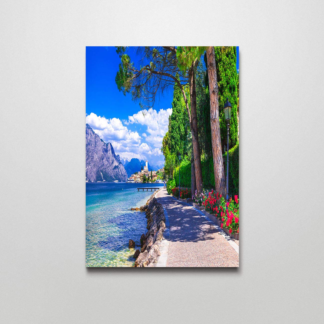 Modern Italy Landscape Canvas Wall Art - Beautiful Malcesine Lake Garda Painting - 12x16 Inch Home Decor for Living Room, Bedroom & Office