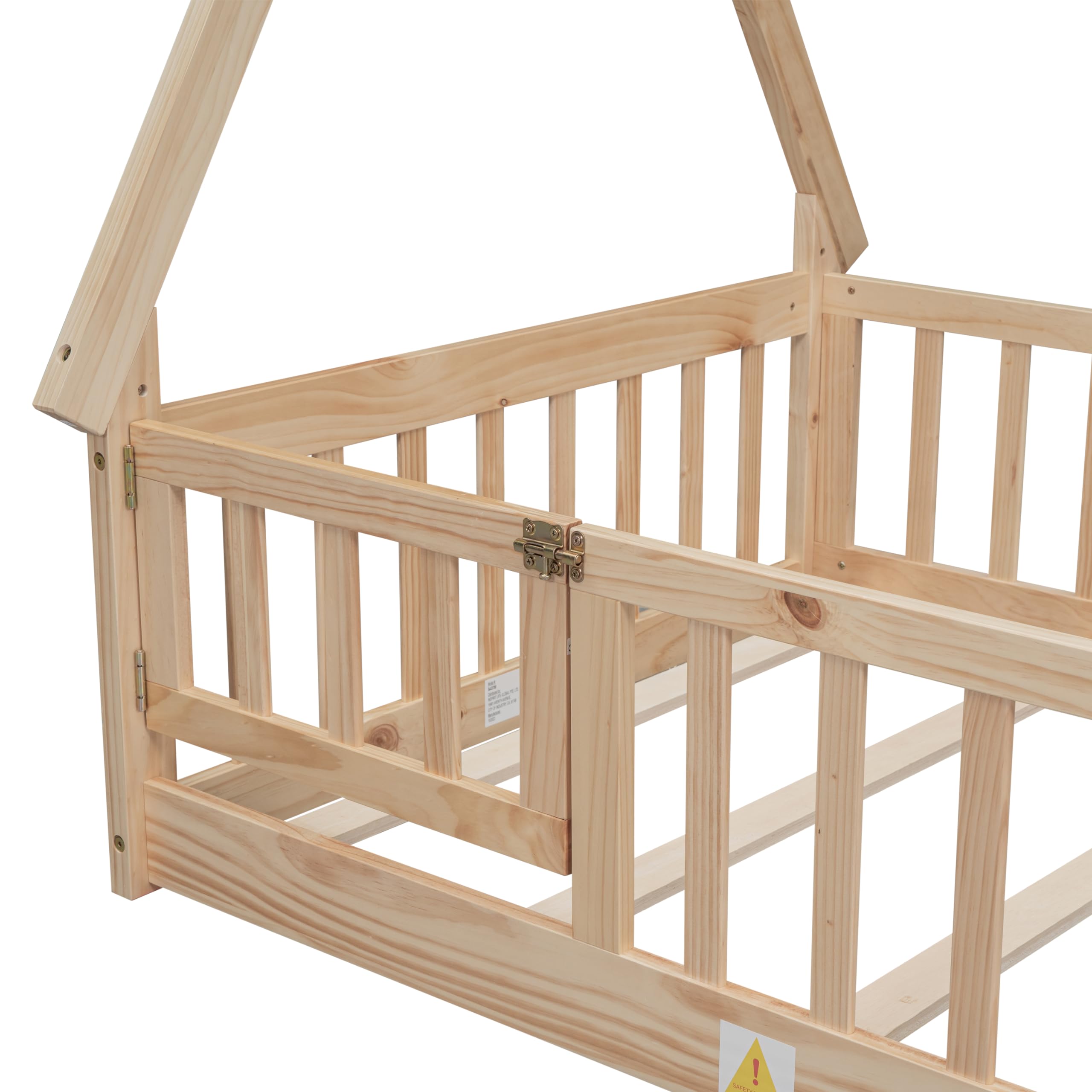 SOFTSEA Twin Size Tent-Shaped Floor Bed with Fence & Door - Solid Wood Bed Frame with Guardrails for Kids - House-Shaped Floor Bed with Triangle Structure - Natural Wood - Perfect for Kids' Bedroom, Playroom & Montessori Learning Spaces