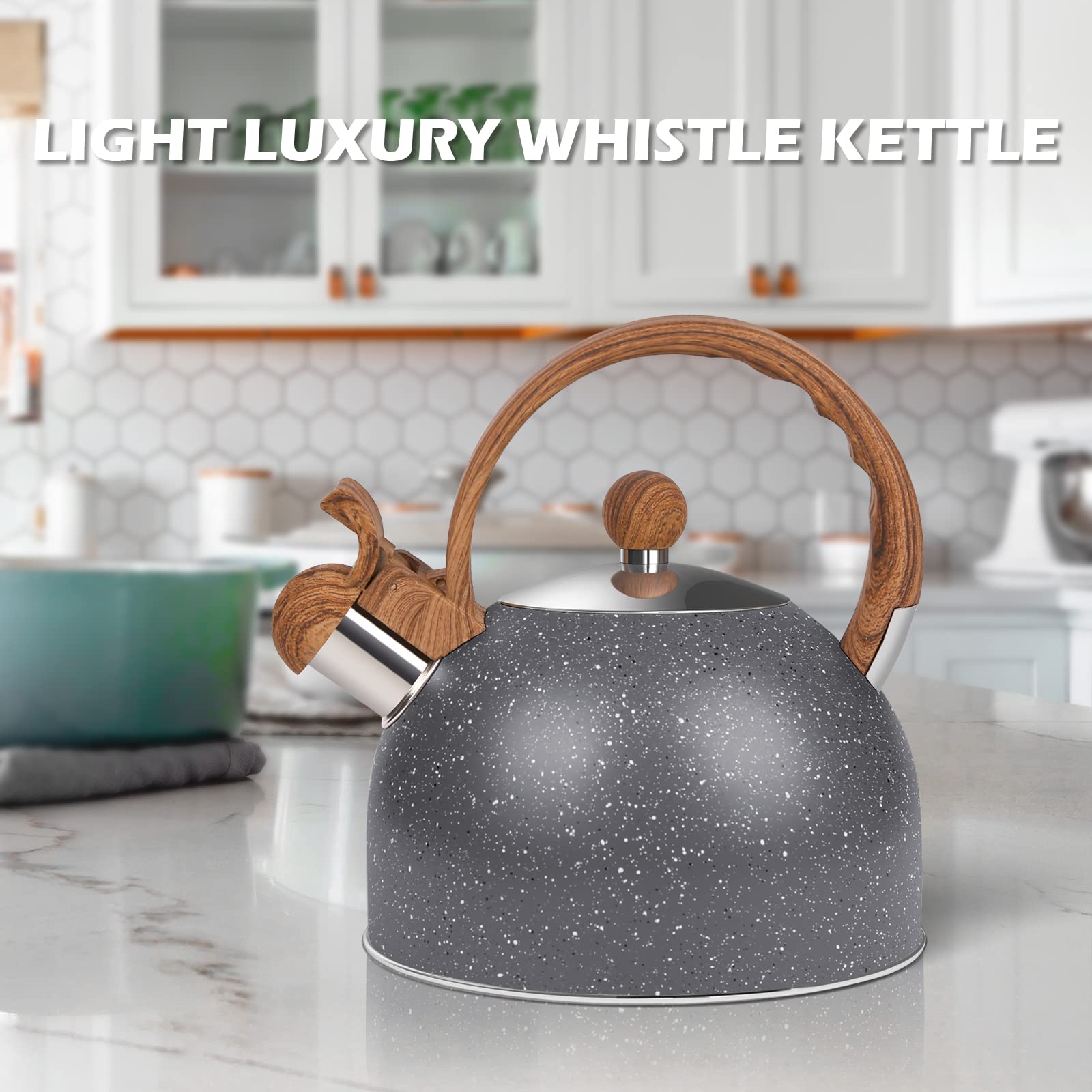 Premium 2.6 Quart Stainless Steel Whistling Tea Kettle for Gas & Induction Stovetops - Loud Whistle Alert, Durable Stone Coated Water Boiler for Tea, Coffee & Milk (Grey) - Ideal for Home Kitchen, Office & Camping Use