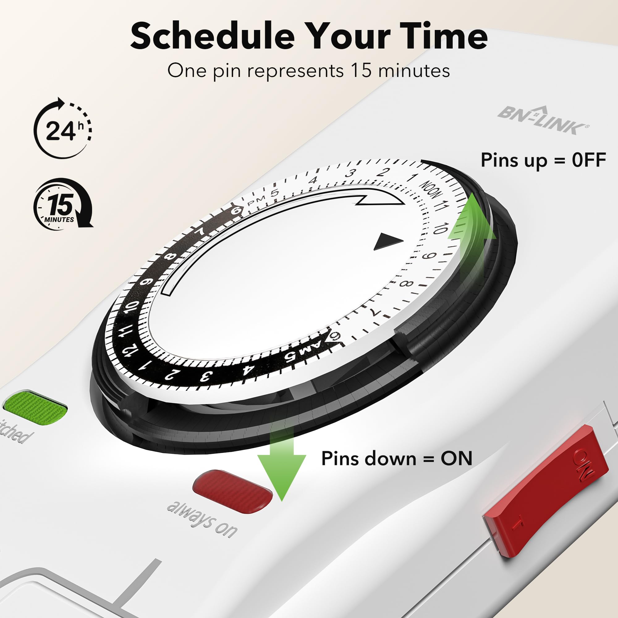 BN-LINK 8 Outlet Surge Protector with Mechanical Timer - 4 Timed & 4 Always On Outlets, 1875W/15A, White - Perfect for Home Office, Electronics & Appliance Safety Protection