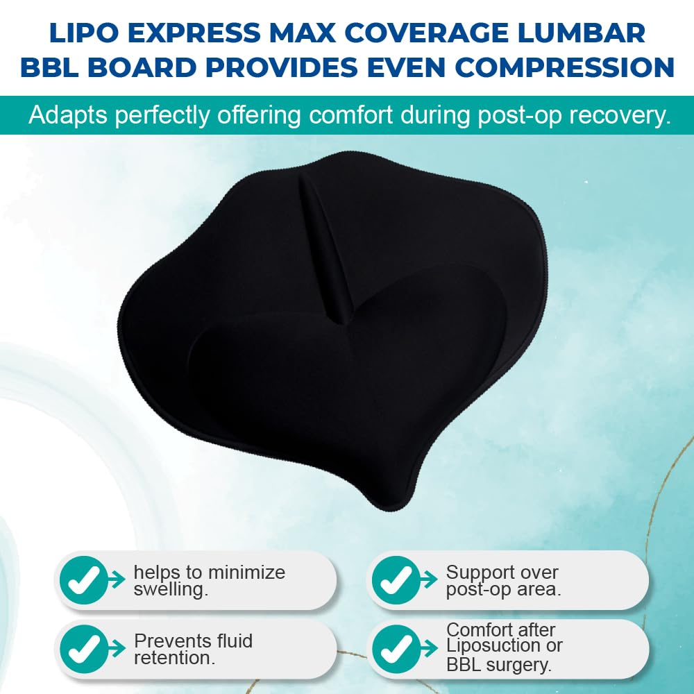 LipoExpress Max Coverage Lumbar Board - Colombian BBL Back Support & Tummy Tuck Recovery Board - Post Surgical Compression Board for Liposuction & Body Contouring - Black - Ideal for Post-Operative Care & Comfort