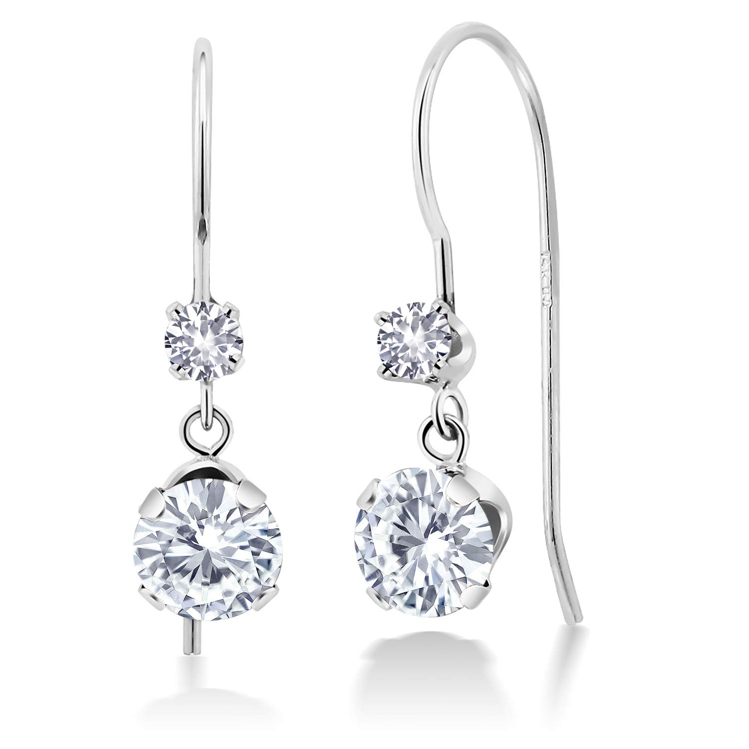 14K White Gold Moissanite & Created Sapphire Dangle Earrings for Women | 1.10 Cttw Round Cut | French Wire Hook | Wedding, Party & Everyday Jewelry Gift