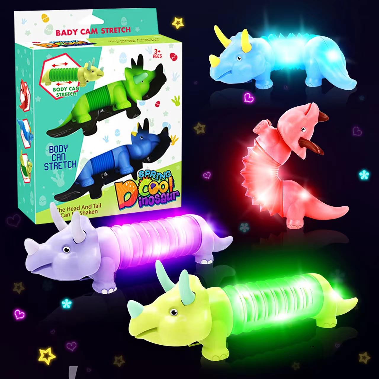 Light Up Pop Tubes Sensory Fidget Toys for Kids Ages 3-12 - 2 Pack Dinosaur Party Favors for Boys & Girls - Autism Stress Relief & Anxiety Toys - Perfect for Birthday Gifts, Classroom Rewards & Sensory Play (Random Colors)