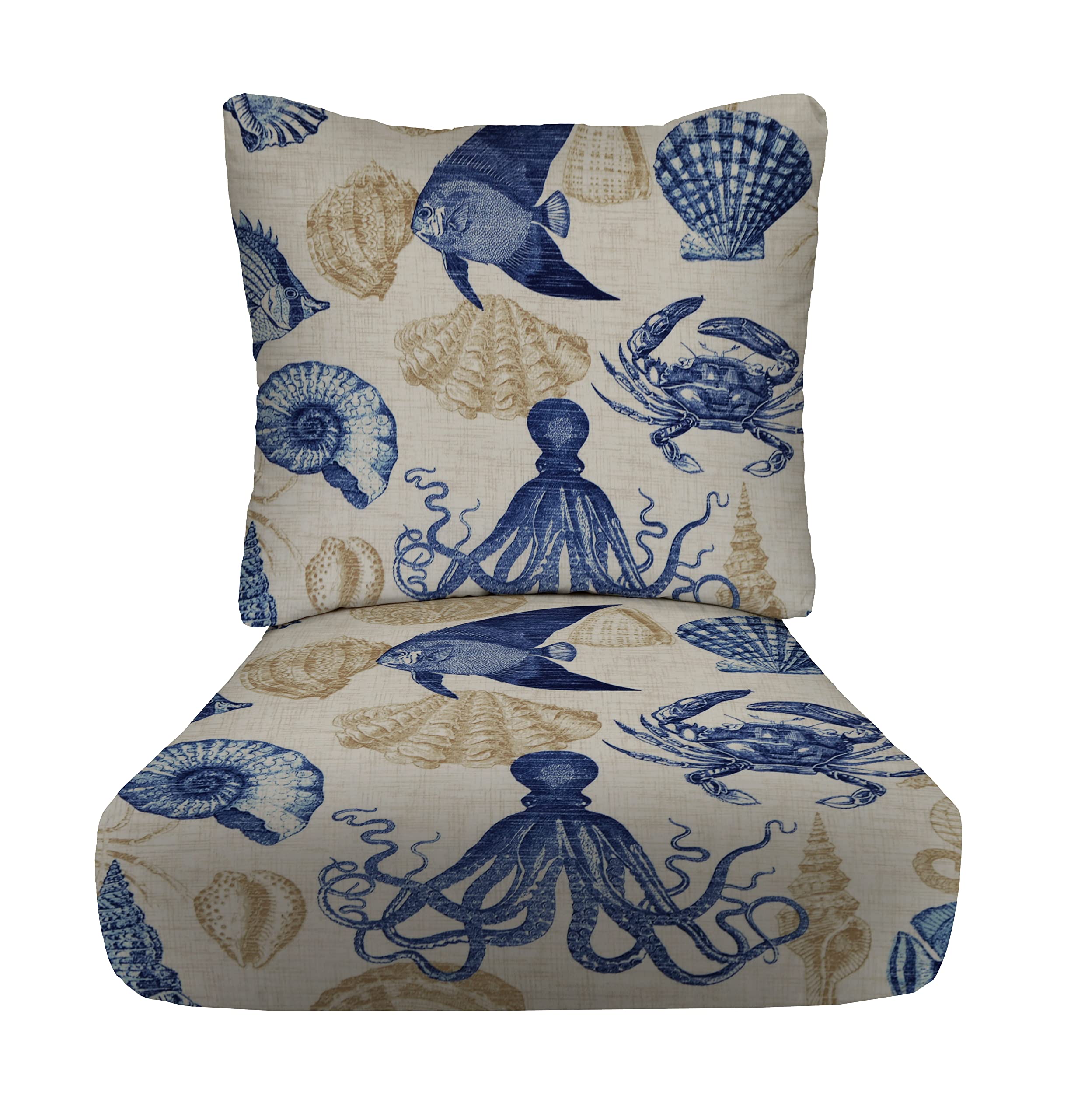 RSH DECOR: 23” x 24” Deep Seating Cushion Set with Pillow Back - All-Weather Spun Fabric, Waterproof & Fade-Resistant - Outdoor Patio Furniture Cushions in Blue Tan Crab Pattern - Perfect for Poolside Lounging, Garden Relaxation & Backyard Decor