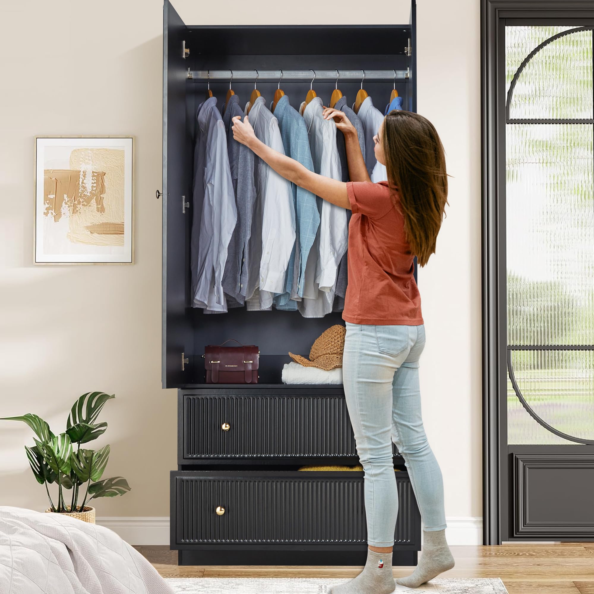 ORRD Black Freestanding Armoire Wardrobe Closet with 2 Doors & 2 Drawers - Large Capacity Wooden Storage Cabinet for Bedroom, Closet Organizer for Clothes, Shoes & Accessories | Perfect for Small Spaces & Apartment Living