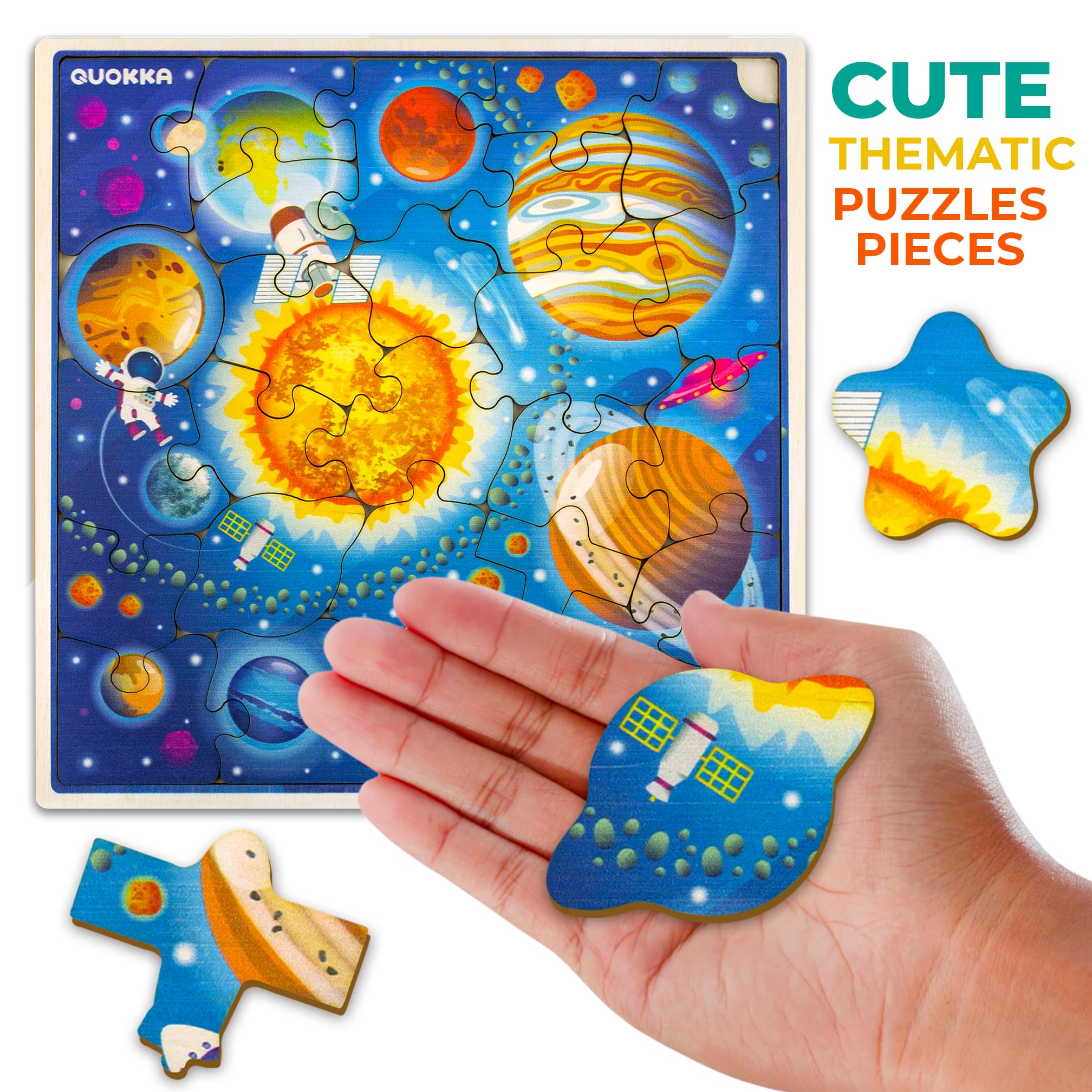 QUOKKA Wooden Space Puzzle for Kids Ages 3-8 - 28 Piece STEM Learning Toy with Planets, Rockets & Astronauts - Educational Toddler Puzzle for Boys & Girls - Perfect Gift for Preschool, Birthday & Classroom Activities - Fun Space Exploration Game for Early Learning & Playtime