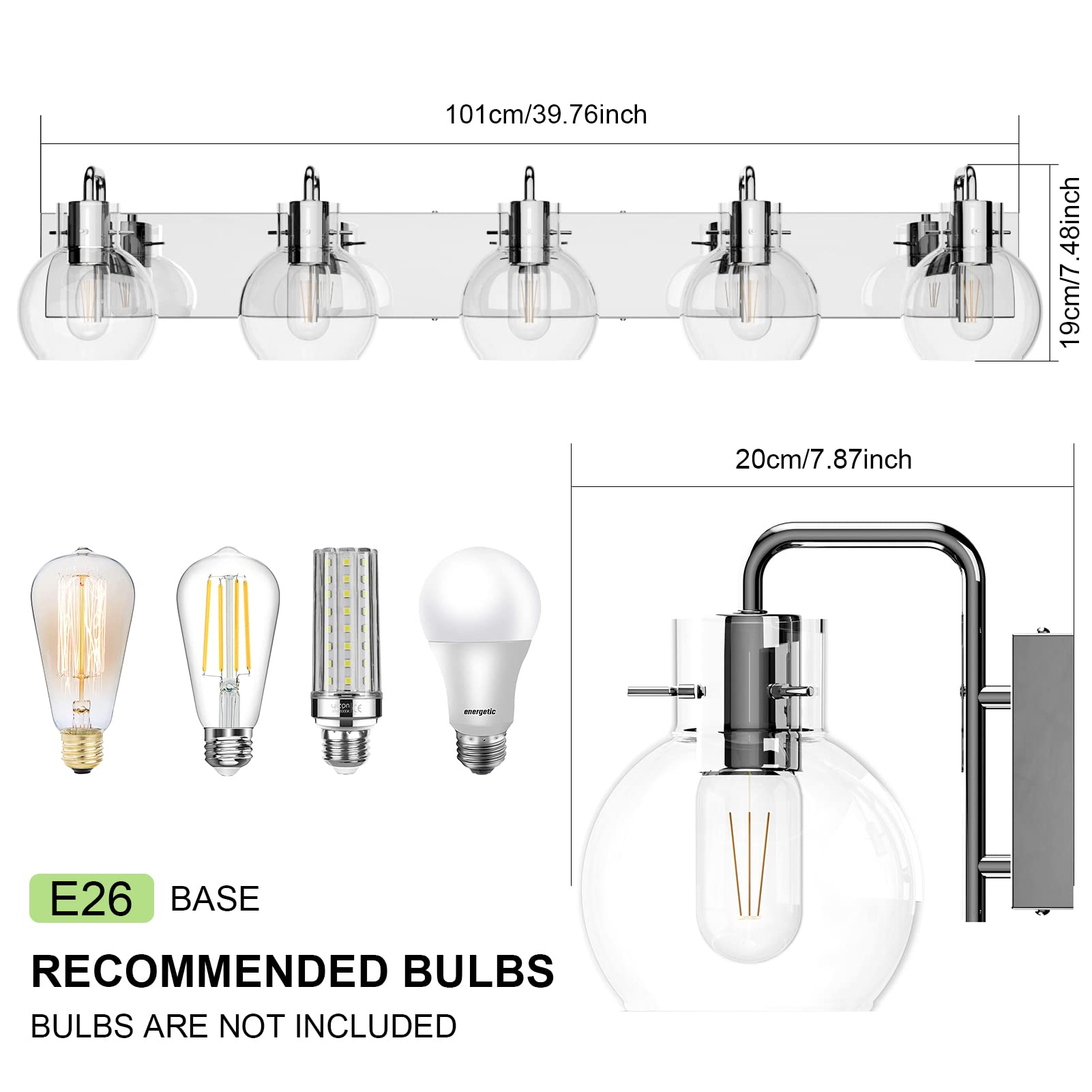 Tipace 5-Light Modern Chrome Bathroom Vanity Light Fixture - Stainless Steel Industrial Farmhouse Sconce with Clear Glass Globes for Mirror Lighting (Bulbs Not Included) - Perfect for Bathroom, Powder Room & Dressing Area