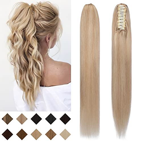 SEGO 20 Inch Clip-in Ponytail Hair Extensions 100% Human Remy Hair - Ash Blonde & Bleach Blonde (120g) | Long Straight Hair Extensions for Women | Perfect for Parties, Weddings & Everyday Styling