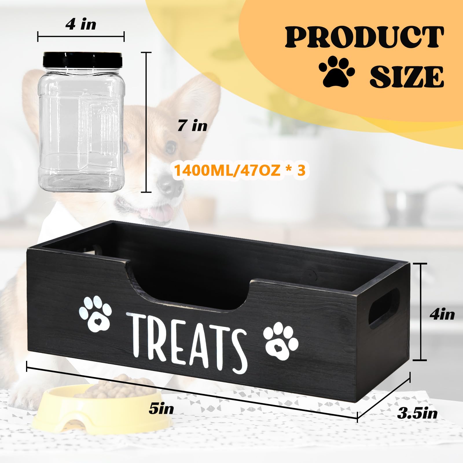 Farmhouse Style Wooden Dog Treat Storage Container with 3 Plastic Jars - Pet Food Organizer for Dogs, Cats & Small Animals - Perfect for Kitchen Counter, Pantry or Pet Feeding Station